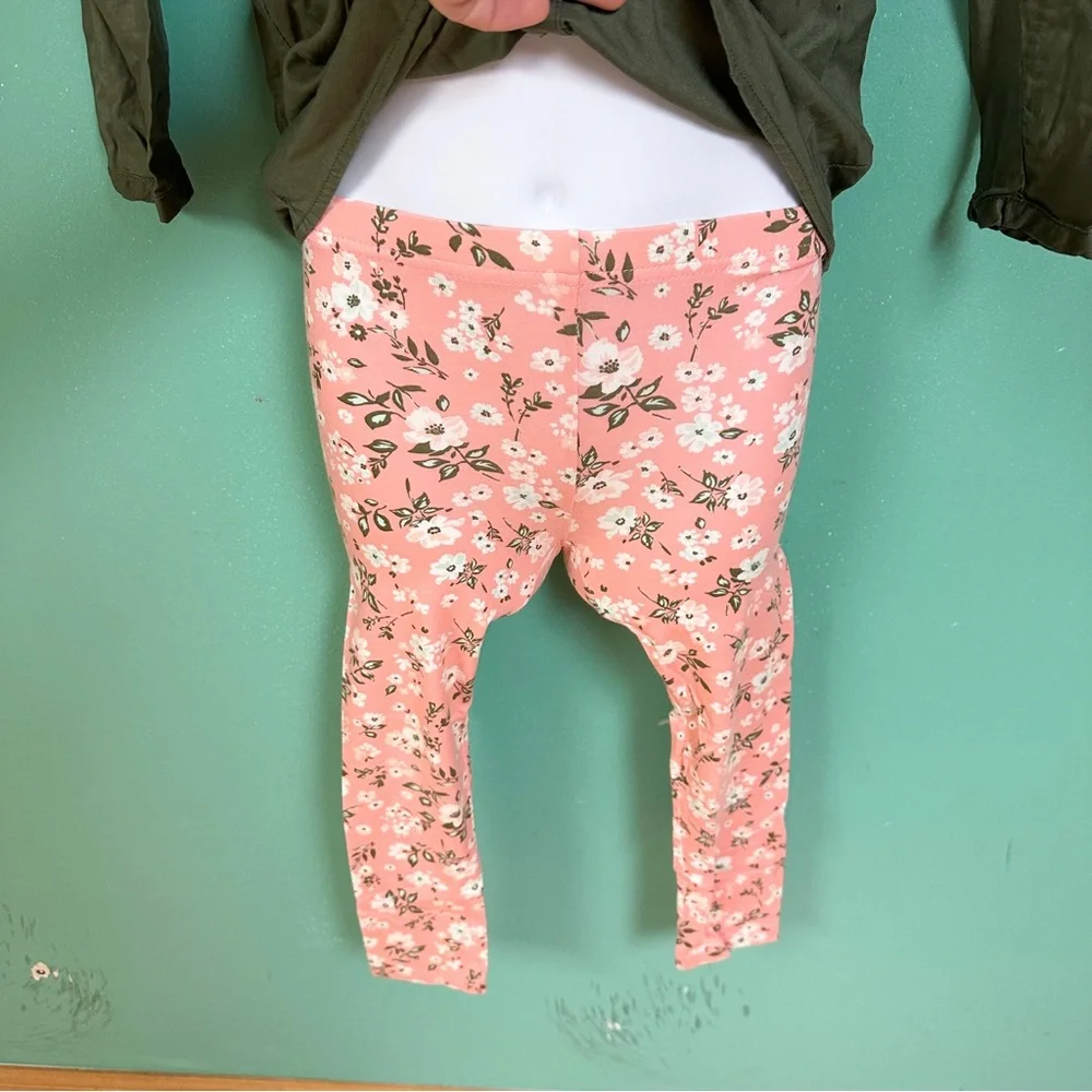 Carters Olive Green & Pink Floral Button Down Top & Leggings Set Girls Size 6X
